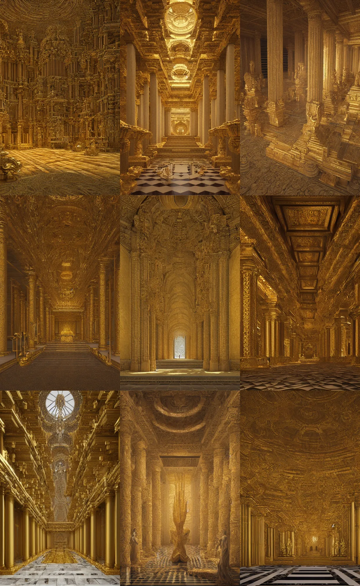 Prompt: academic interior octane render of intricate spacious golden and marble grand slaaneshite temple inspired by the most opulent temples of ancient Greece by Zdislaw Beksinski, Alex Gray, Greg Rutkowski, Robert McCall, CGsociety, iridescent palette