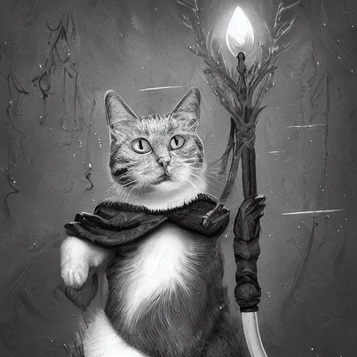 Image similar to fantasy black and white cat holding magic staff, high detail, digital art, concept art, 4k