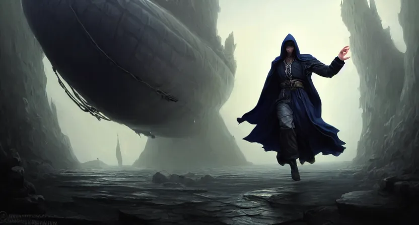 Prompt: handsome mage with stave running away from giant airship, black hair wearing round hooded gothic navy cloak, cave town, movie action still frame, ultra wide horizon, intricate, elegant, highly detailed, hyperrealism, digital painting, concept art, smooth, sharp, focus, illustration, art by artgerm, greg rutkowski, ilya kuvshinov