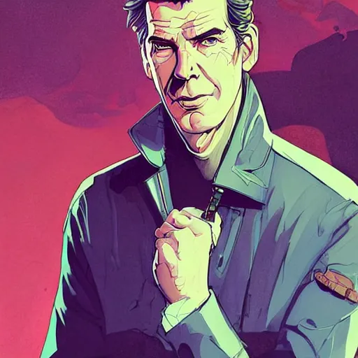 Prompt: a study of cell shaded portrait of pierce brosnan concept art, llustration, post grunge, concept art by josan gonzales and wlop, by james jean, Victo ngai, David Rubín, Mike Mignola, Laurie Greasley, highly detailed, sharp focus, alien, Trending on Artstation, HQ, deviantart, art by artgem