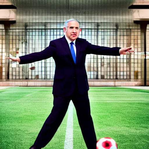 Image similar to Benjamin Netanyahu juggling a football in a public park, dynamic lighting, ambient lighting, morning time, HQ, official media