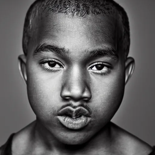 Prompt: the face of young kanye west wearing yeezy clothing at 1 2 years old, black and white portrait by julia cameron, chiaroscuro lighting, shallow depth of field, 8 0 mm, f 1. 8