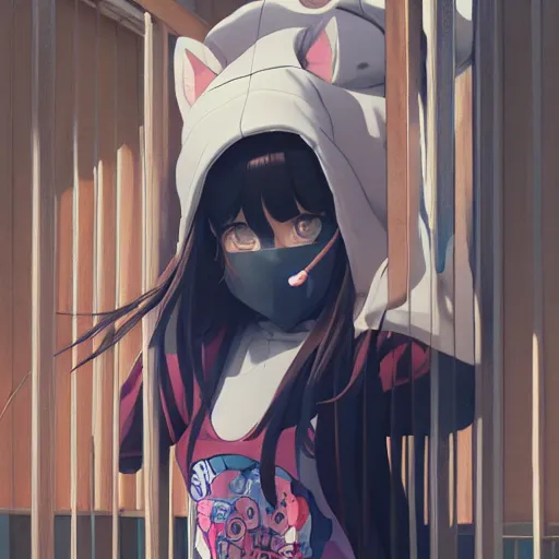 Image similar to a young girl wearing a cat hoodie balancing a a white fence, wlop, ilya kuvshinov, artgerm, krenz cushart, greg rutkowski, hiroaki samura, range murata, james jean, katsuhiro otomo, erik jones, 4 k anime