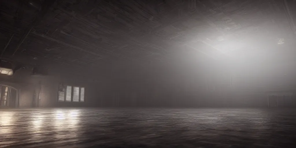 Prompt: a long angle shot of a big dark room with white lights on the celling, detailed, unreal engine, 4 k, dark, moody, foggy