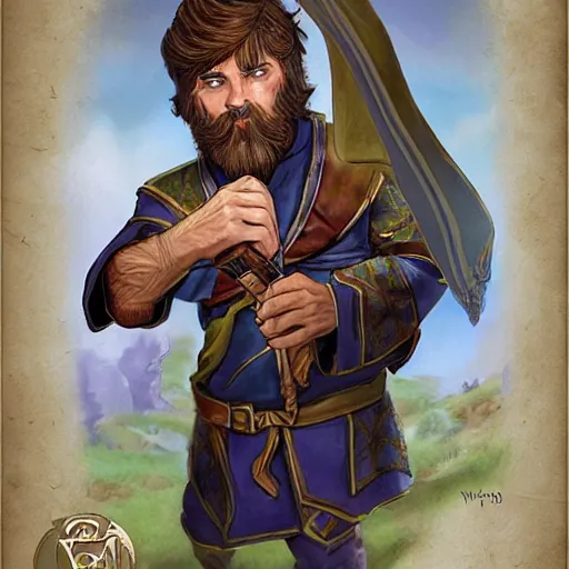 Image similar to Young bearded Tarski Fiume holding a scroll, half-elf Time Wizard, iconic character art by Wayne Reynolds for Paizo Pathfinder RPG