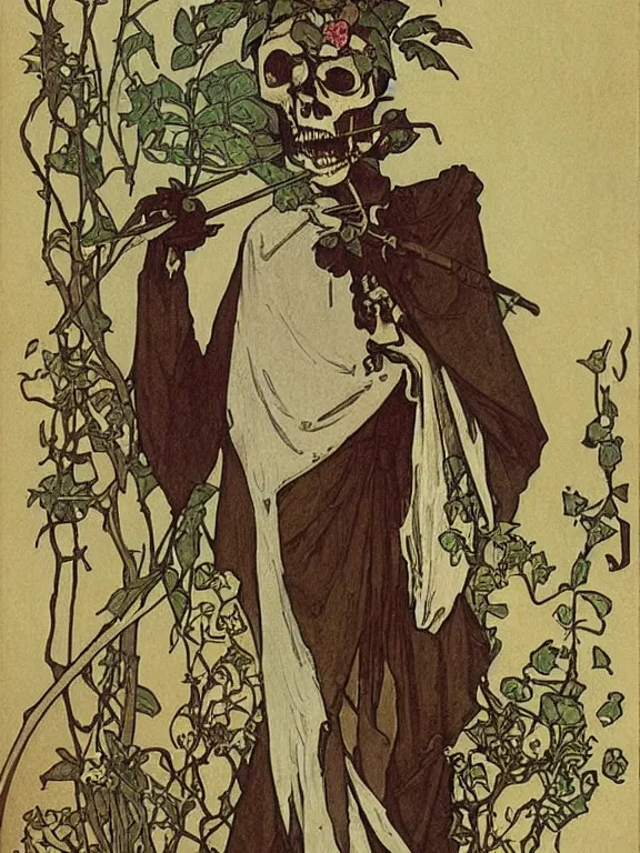 Prompt: skull - headed grim reaper watering flowers in the garden by mucha