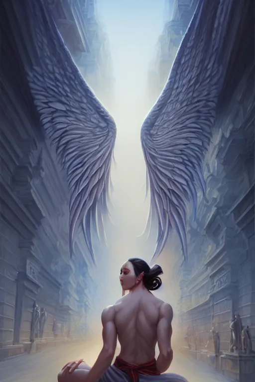 Image similar to angel doing tai - ji in street, angel is wearing t - shirt, hyper realistic, intricate, elegant, highly detailed, digital painting, artstation, concept art, matte, sharp focus art by boris vallejo and greg rutkowski, smooth, sharp focus, illustration