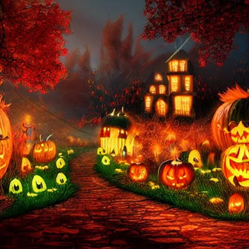 Image similar to Spooky Autumn Fantasy Art Halloween Village Decorations Flowers Glowing ghosts at night