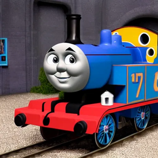 Prompt: thomas the tank engine with feet instead of wheels