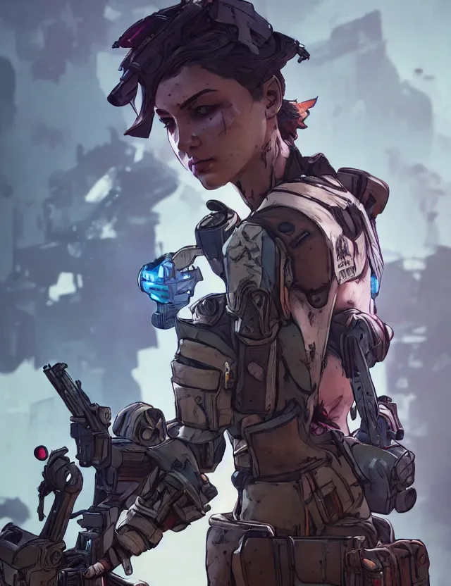 Prompt: a young female soldier as borderlands 3 concept art, art by ryo shiotani and greg rutkowski, intricate, beautiful, cute, cinematic lighting, vintage art by serge ivanoff, high resolution, very detailed