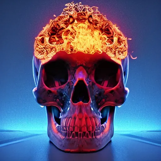 Prompt: a highly detailed human skull covered with intricate designs with fire for eyes on fire in front of a neon blue background, 3 d, depth of field, colorful, octane render, symmetrical, hyper realism, highly detailed, digital art, artstation, concept art, cinematic lighting, trending