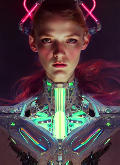 Prompt: neon cyborg, diffuse lighting, fantasy, intricate, elegant, highly detailed, lifelike, photorealistic, digital painting, artstation, illustration, concept art, smooth, sharp focus, art by John Collier and Albert Aublet and Krenz Cushart and Artem Demura and Alphonse Mucha