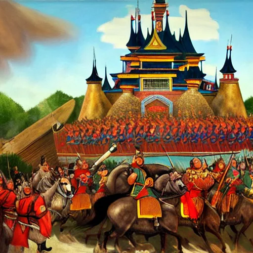 Image similar to genghis khan and his mongol horde ransacking modern day efteling, oil on canvas