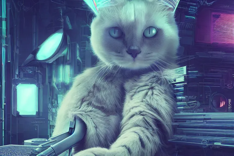 Prompt: a ragdoll cat, cyberpunk art by mike winkelmann, trending on cgsociety, retrofuturism, reimagined by industrial light and magic, darksynth, sci - fi