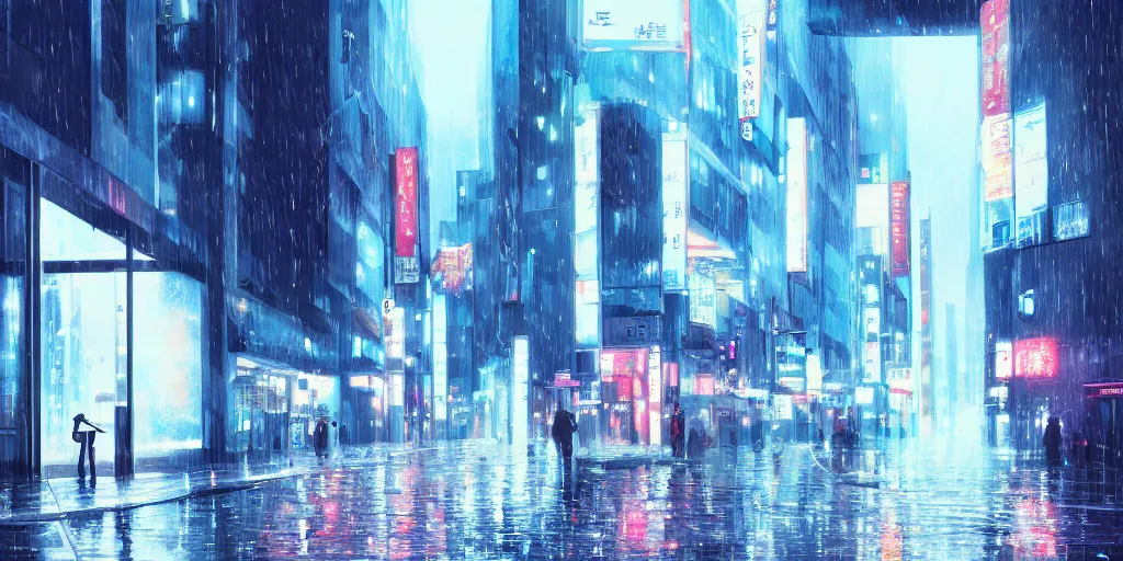 Image similar to digital painting, modern tokyo, raining, detailed lighting, high quality, sharp focus, intricate, artstation, 4k