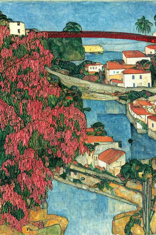 Image similar to a long river, tied bridge on local river, a lot of boat in river, 2 number house near a lot of palm trees and bougainvillea, summer, painting by egon schiele