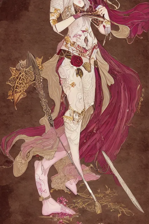 Prompt: full - bodied portrait, female changeling wearing rose - patterned eastern light armor, wielding a halberd with intricate decorations, sandals, barefoot, geisha mask, realistic proportions, reasonable fantasy, ghostblade, wlop.