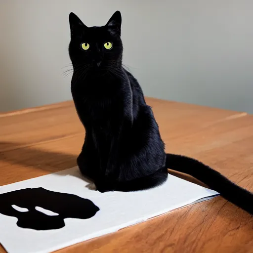 Prompt: studio photograph of a black cat sitting on a table