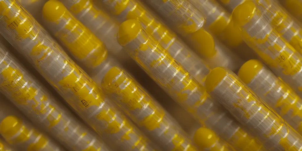 Prompt: realistic photograph 1 0 0 0 0's of yellow - coloured chapstick tubes in giant piles, high detail, shaded, backlit, glossy, backlit, ultrawide panoramic shot