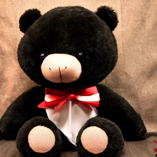 Prompt: black teddy bear with red eyes, face close up, realistic, highly detailed, studio photo, dark lighting