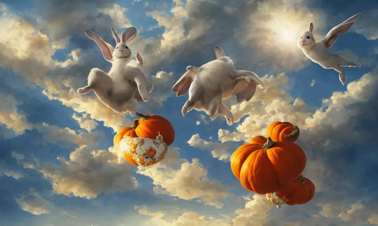 Prompt: a beautiful digital painting of a white rabbit flying in the clouds, birds in the sunlight, numerous golden pumpkins, blue sky at sunset, elegant, highly detailed, artstation, concept art, matte, sharp focus, art by tom bagshaw, kelogsloops and greg rutkowski