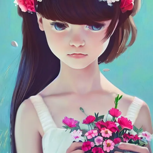 Image similar to little girl with flowers in hair wearing an white dress, art by ilya kuvshinov,