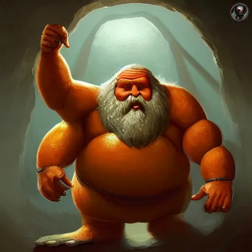 Image similar to “ a very strong and fat semi - human female with long arms and short legs, round head, big orange beard, medieval, preparing some food in a cave, fantasy digital art by tony sart, featured on artstation ”