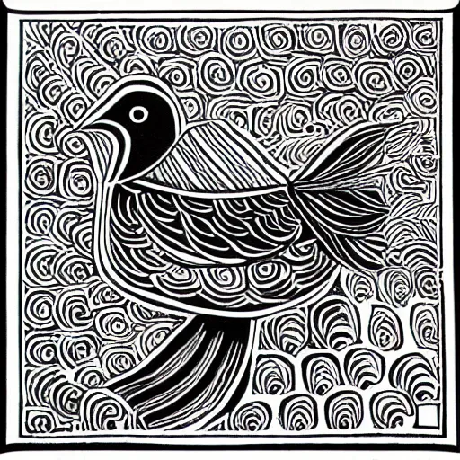 Prompt: block print bird in the style of strawcastle, black ink on white paper