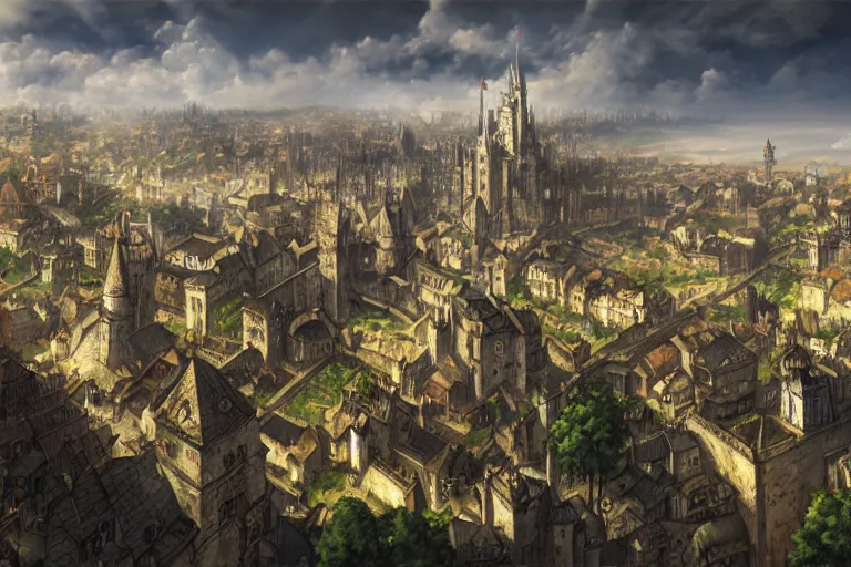 Image similar to middle ages city landscape, beautiful, artstation trending, deviantart, highly detailed, focus, smooth, by hirohiko araki, yoshitaka amano