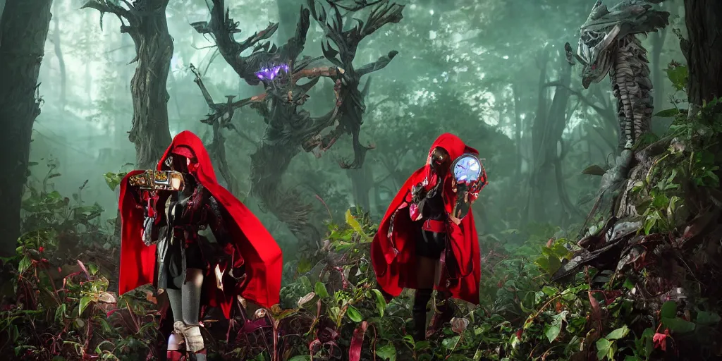 Prompt: red ridding hood and gamemaster unit hunting for mystical forest monster and wearing a steampunk and neonpunk mechanical fluorescent mystical animal mask. realism fornite style. full body, product introduction photos. luminescent, elements, by tooth wu and wlop and beeple and greg rutkowski, epic cinematic shot, perfectly defined features, ambient occlusion