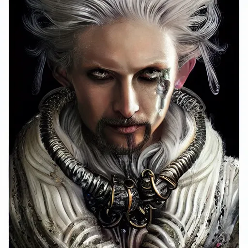 Image similar to portrait, headshot, insanely nice professional hair style, dramatic hair color, digital painting, of a old 17th century, old cyborg merchant, amber jewels, baroque, ornate clothing, scifi, realistic, hyperdetailed, chiaroscuro, concept art, art by Franz Hals and Jon Foster and Ayami Kojima and Amano and Karol Bak,