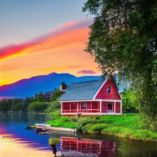 Prompt: a small house by the lake on a beautiful summer night, sunset