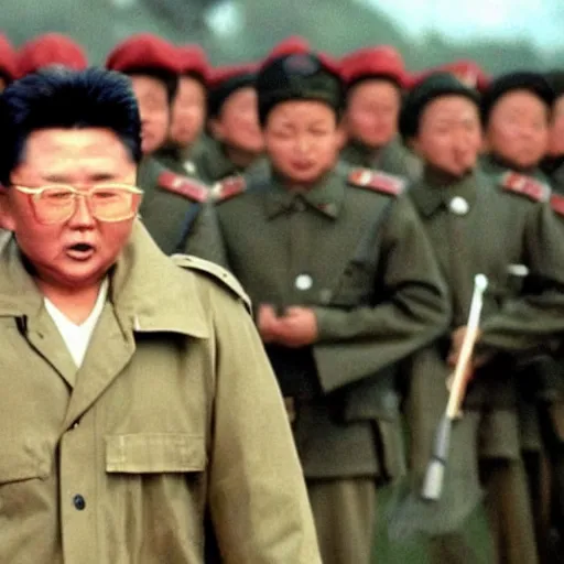 Image similar to a still of Kim Jong-il as John Rambo in Rambo First blood, red sweatband