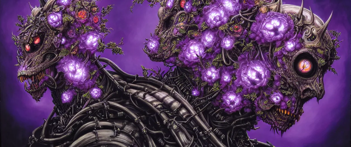 Prompt: hyperrealistic hyper detailed neo-surreal 35mm portrait of gothic cyborg dragon with multiple heads covered in flowers matte painting concept art hannah yata dali very dramatic purple lighting low angle hd 8k sharp shallow depth of field