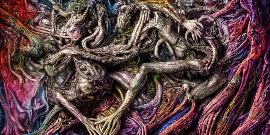 Image similar to dreamscape, giger, vivid colors, colorful, anatomical, highly detailed sculpture, intricate detailed, ommatidia, 8 k, cinematic atmosphere, post - processing