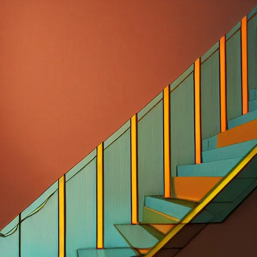 Prompt: noisy color photograph of a retrofuturist liminal space, staircase to the surface, minimalist, cinematic, soft vintage glow