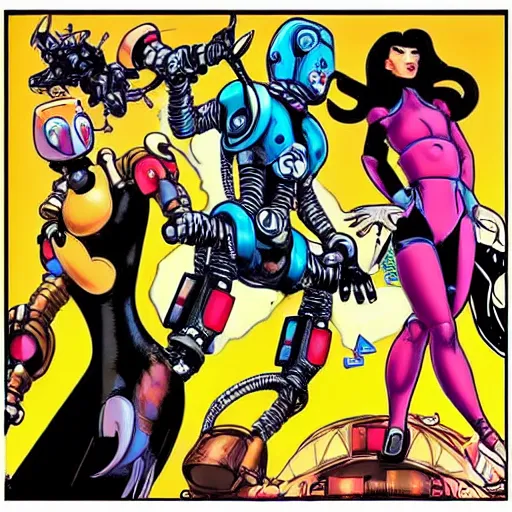 Prompt: atomic powered cybernetic squirrel farting lightning from his tail at an army of replicant robots, artists disney and jack kirby with marjorie liu and sana takeda