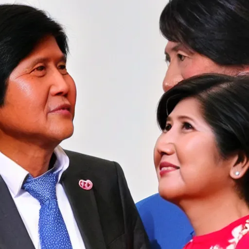 Prompt: Leni and BongBong Marcos smooching,