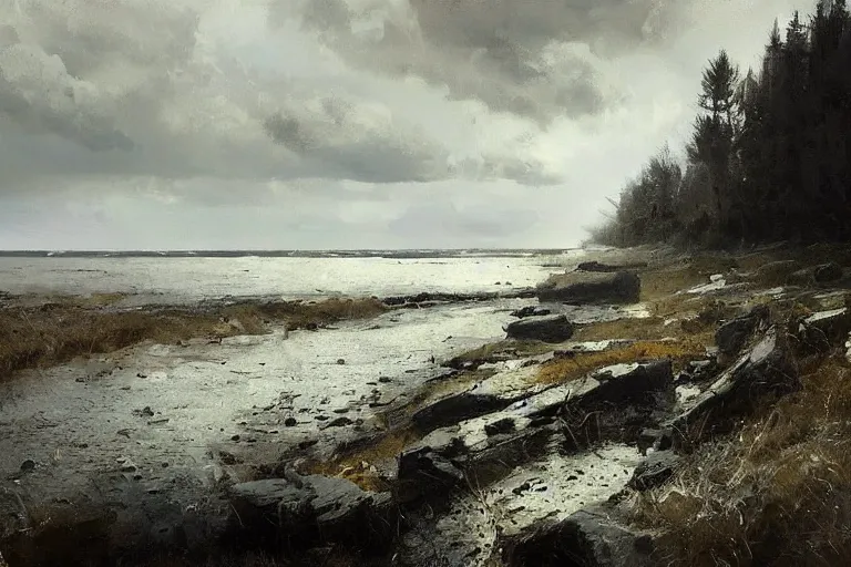 Image similar to painting of estonian coastal landscape, by jeremy mann and greg rutkowski, dramatic, cinematic light, oil on canvas