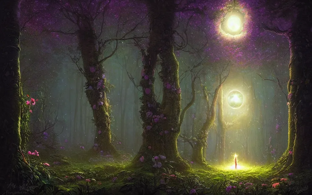 Image similar to cosmic flower portal in a moonlit forest, celestial, fantasy art, by ferdinand knab, alena aenami, dan mumford