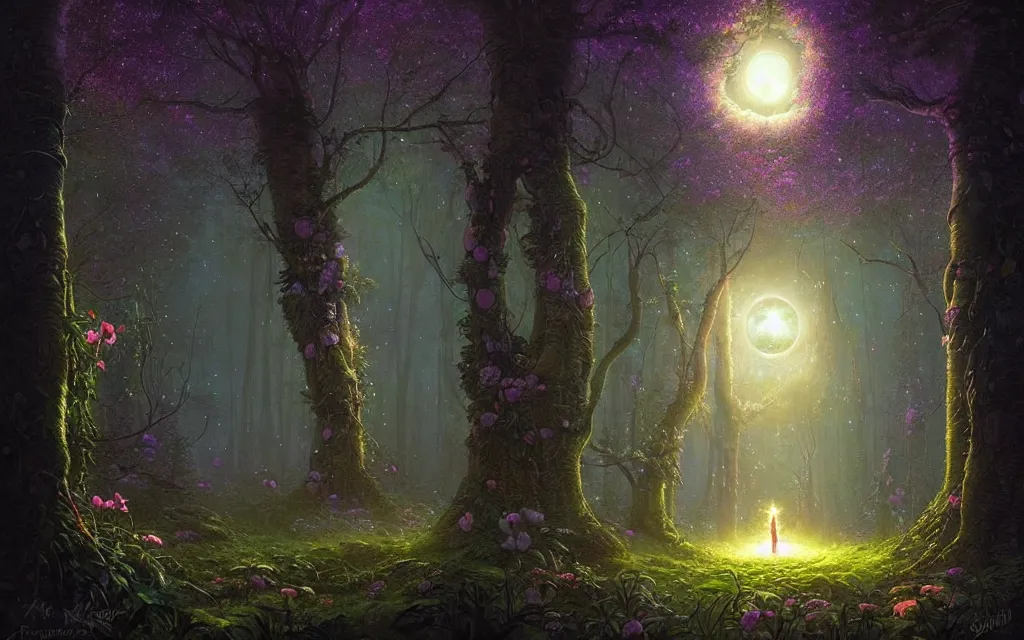 Prompt: cosmic flower portal in a moonlit forest, celestial, fantasy art, by ferdinand knab, alena aenami, dan mumford