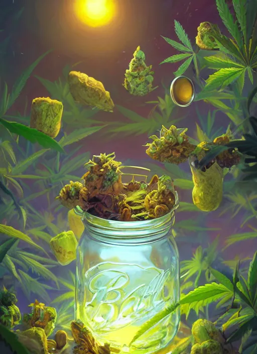 Image similar to detailed surreal digital painting of a mason jar full of cannabis buds, mushrooms and pills by artstation, fanart behance hd by jesper ejsing, by rhads, makoto shinkai and lois van baarle, ilya kuvshinov, rossdraws, purple haze, global illumination, blacklight, detailed and intricate environment