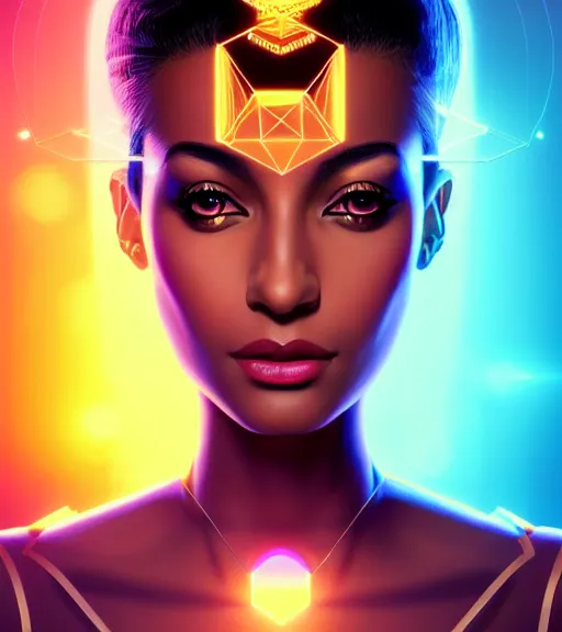 Image similar to symmetry!! egyptian princess of technology, solid cube of light, hard edges, product render retro - futuristic poster scifi, lasers and neon circuits, brown skin gorgeous egyptian princess, intricate, elegant, highly detailed, digital painting, artstation, concept art, smooth, sharp focus, illustration, dreamlike, art by artgerm