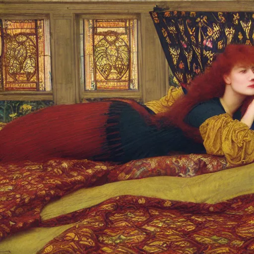 Image similar to preraphaelite photography reclining on bed, a hybrid of judy garland and nicole richie, aged 2 5, big brown fringe, wide shot, yellow ochre ornate medieval dress, john william waterhouse, kilian eng, rosetti, john everett millais, william holman hunt, william morris, 4 k