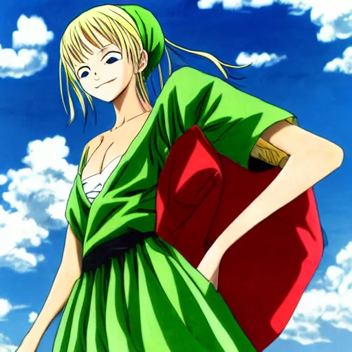 Prompt: anime, girl, green dress, flying, one piece, by eiichiro oda