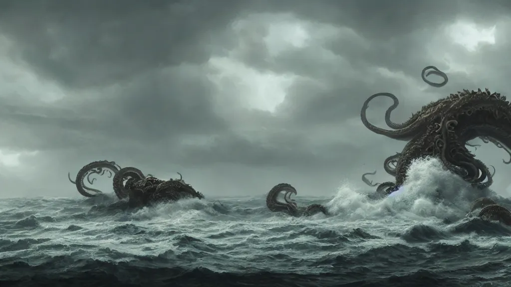 Prompt: A kraken rising out of a stormy sea, concept art, matte painting, 8k, highly detailed, artstation, Greg Rutkowski