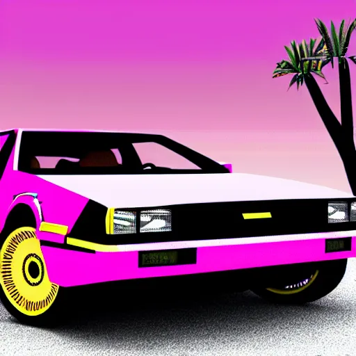 Image similar to primitive, low polygon render of a pink delorean in the jungle