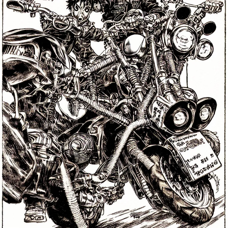 Prompt: motorbiker from hell, manga style of kentaro miura, by norman rockwell, weirdcore