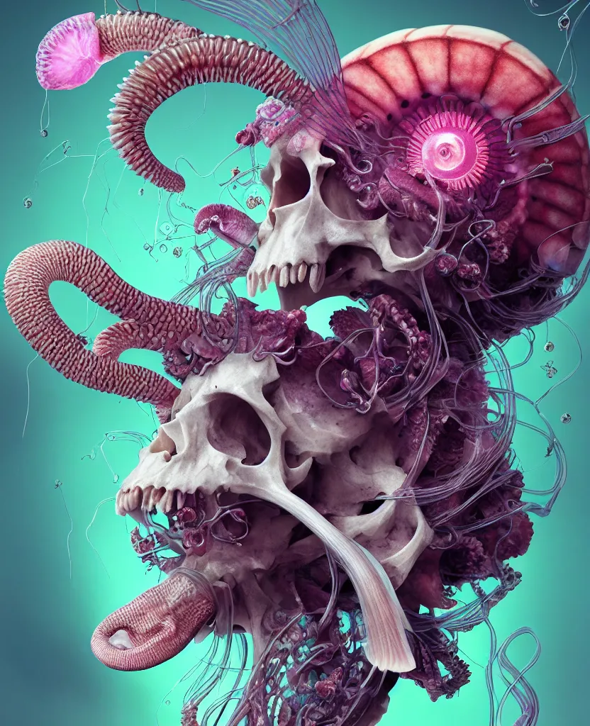 Image similar to goddess close-up portrait ram skull, thorax, x-ray, backbone, jellyfish phoenix head, nautilus, orchid, skull, betta fish, bioluminiscent creatures, intricate artwork by Tooth Wu and wlop and beeple. octane render, trending on artstation, greg rutkowski very coherent symmetrical artwork. cinematic, hyper realism, high detail, octane render, 8k