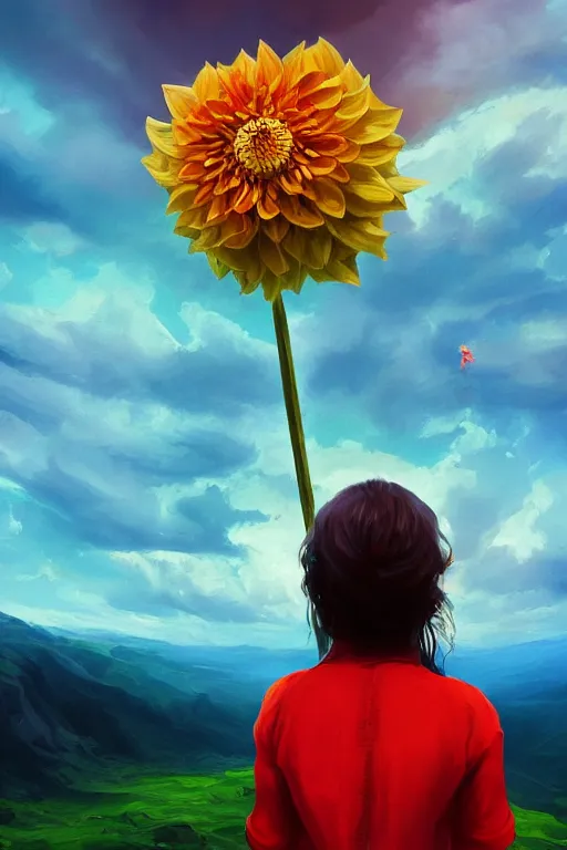 Image similar to closeup perspective, giant dahlia flower over the head, girl standing on mountain, surreal photography, blue storm clouds, dramatic light, impressionist painting, digital painting, artstation, simon stalenhag